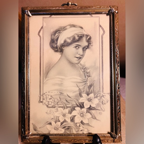 Sold! Vintage A. Toniolo Art Deco Atyle Art Print in Vintage Brass Ornate Frame - Picture 2 of 8